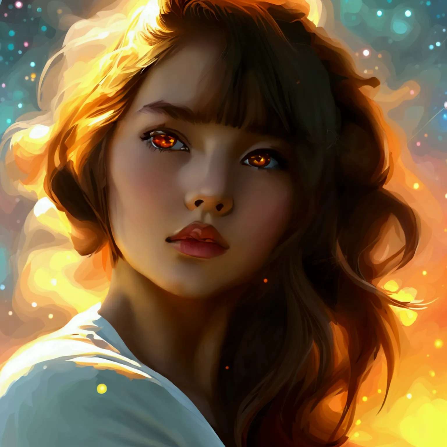 girl, brown hair, orange eyes, crossed arms, in the middle of the cosmos, ((animated style)), white shirt, soft colors, colorful...