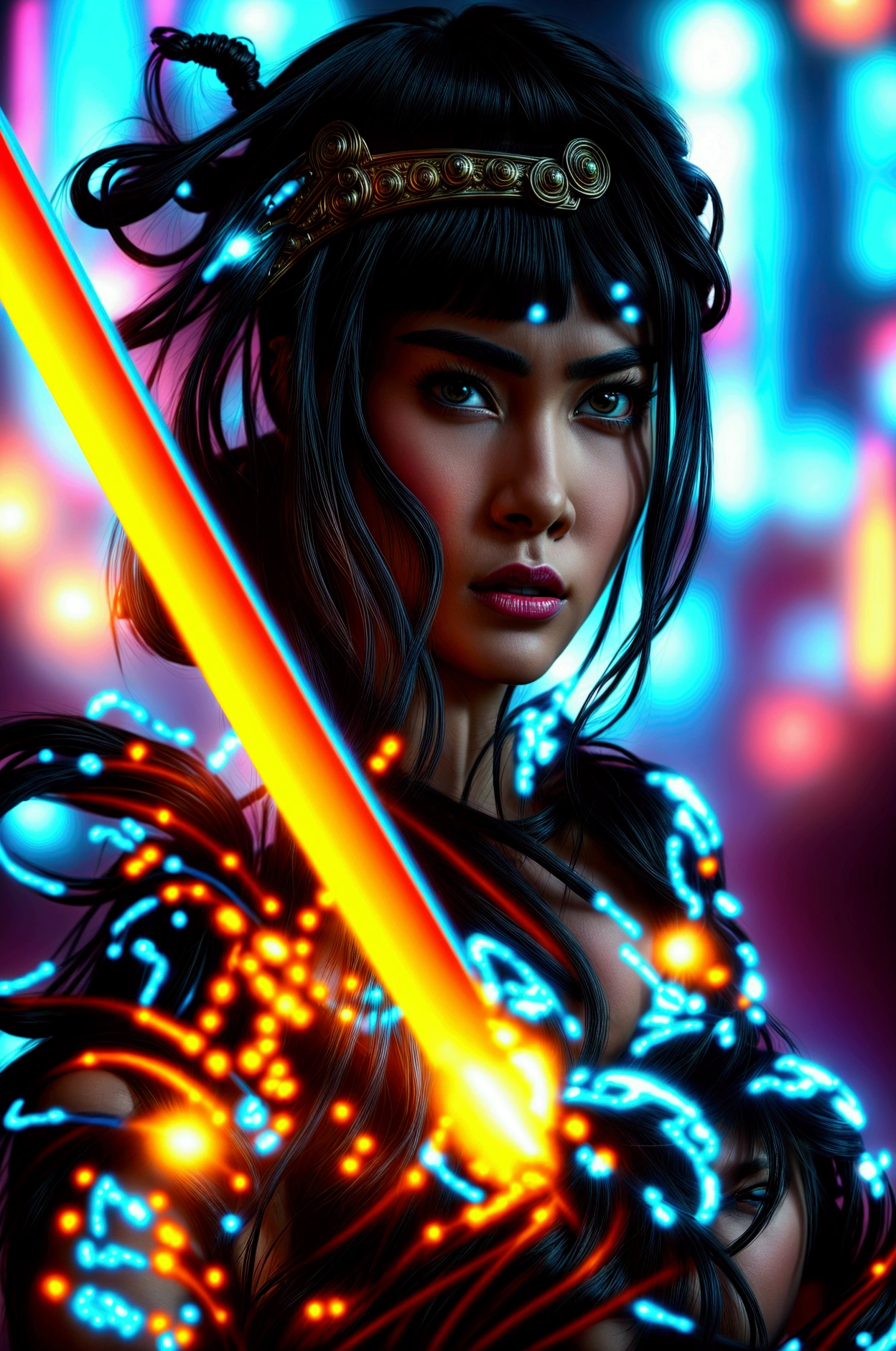 A fierce warrior princess in a neon-lit cyberpunk city, wielding a glowing energy sword. Her armor is a mix of traditional regal attire and futuristic tech, with holographic patterns and augmented reality displays surrounding her.