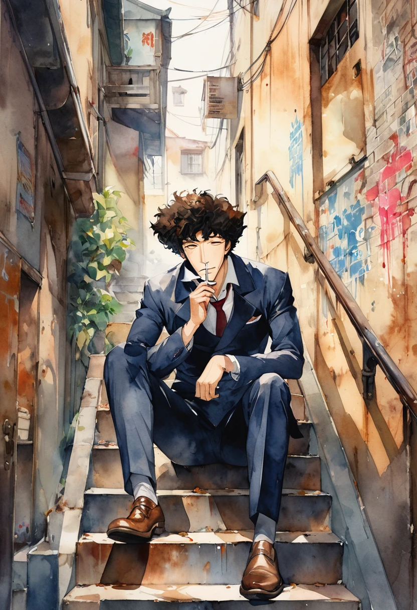 Watercolor portrait of a man,A man sits on a steep staircase smoking a cigarette with his eyes closed.Men are Spike Spiegel,brown eyes, smile,black hair,1boy,Navy blue suit, brown leather shoes,The man holds the cigarette between his fingers and puts it in his mouth.Steep stairs with long rusty handrails,Right next to the stairs is the wall of an old building.There are many old posters and English graffiti on the walls.Full body portrait,Watercolor blur effect,Professional watercolor illustrations,