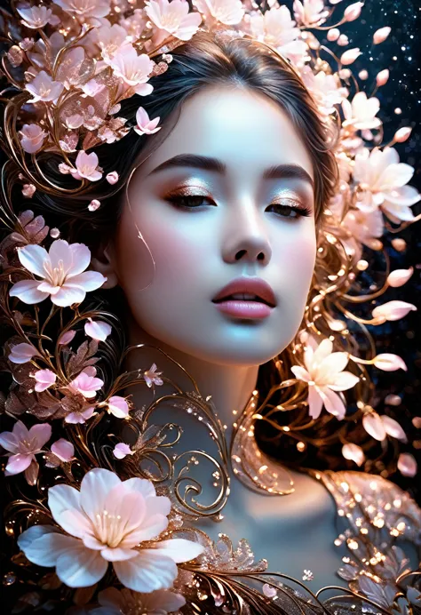 a captivating and surreal portrait of a woman's face, elegantly framed by delicate white flowers with hints of pink. the woman's...