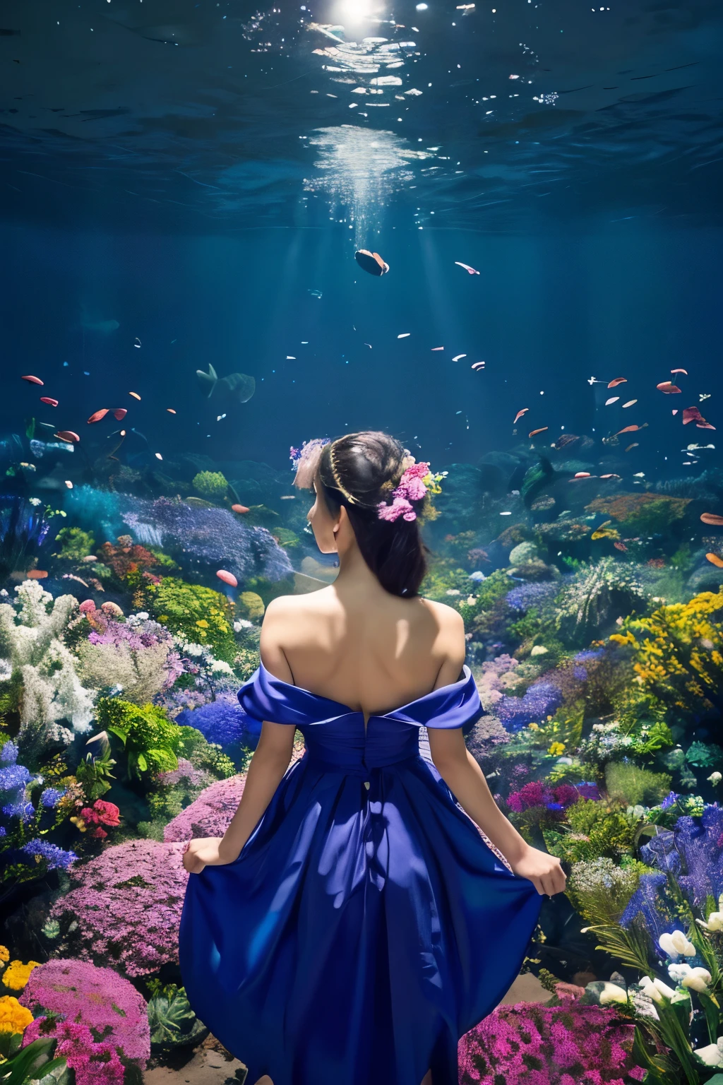 Medium breast, off shoulder, A girl standing against a background of moonlight and a sea of flowers，more elegant and dusty，a person々Let yourself be immersed in this beautiful picture。Her every move is like a beautiful dance.，As if melting into this sea of flowers，Expressing the beauty of ancient style, fireflies, dark forrest,