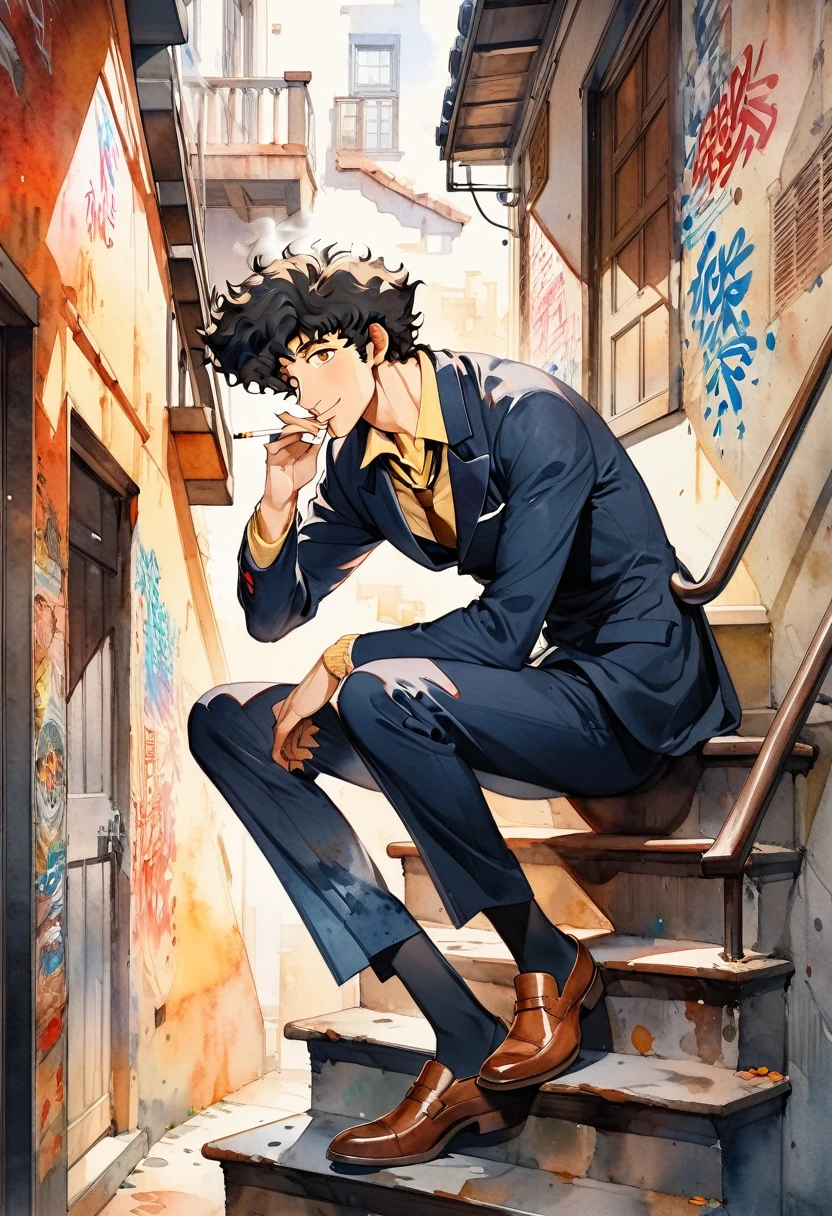 Anime-style Watercolor portrait of a man,A man sits on a steep staircase smoking a cigarette with his eyes closed.Men are Spike Spiegel,brown eyes, smile,black hair,1boy,Navy blue suit, brown leather shoes,The man holds the cigarette between his fingers and puts it in his mouth.Steep stairs with long rusty handrails,Right next to the stairs is the wall of an old building.There are many old posters and English graffiti on the walls.Accurate anatomical depictions of the human body type,Five perfect fingers,Full body portrait,Side view,Watercolor blur effect,Professional watercolor illustrations,