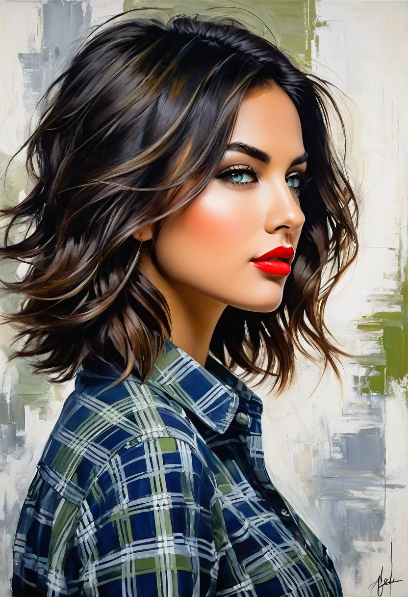 An exquisite abstract portrait of a dynamic woman in side profile with bob haircut, showcasing her captivating gaze into the distance. Her unkempt hair adds to the creative allure. She wearing blue-white-black checkered cowboy buttondown shirt. The striking combination of black, white, olive green, and vibrant red hues highlights her olive green eyes and bold red lips. The dynamic and expressive brushstrokes create an energetic atmosphere, reflecting her potential and vivid personality., painting