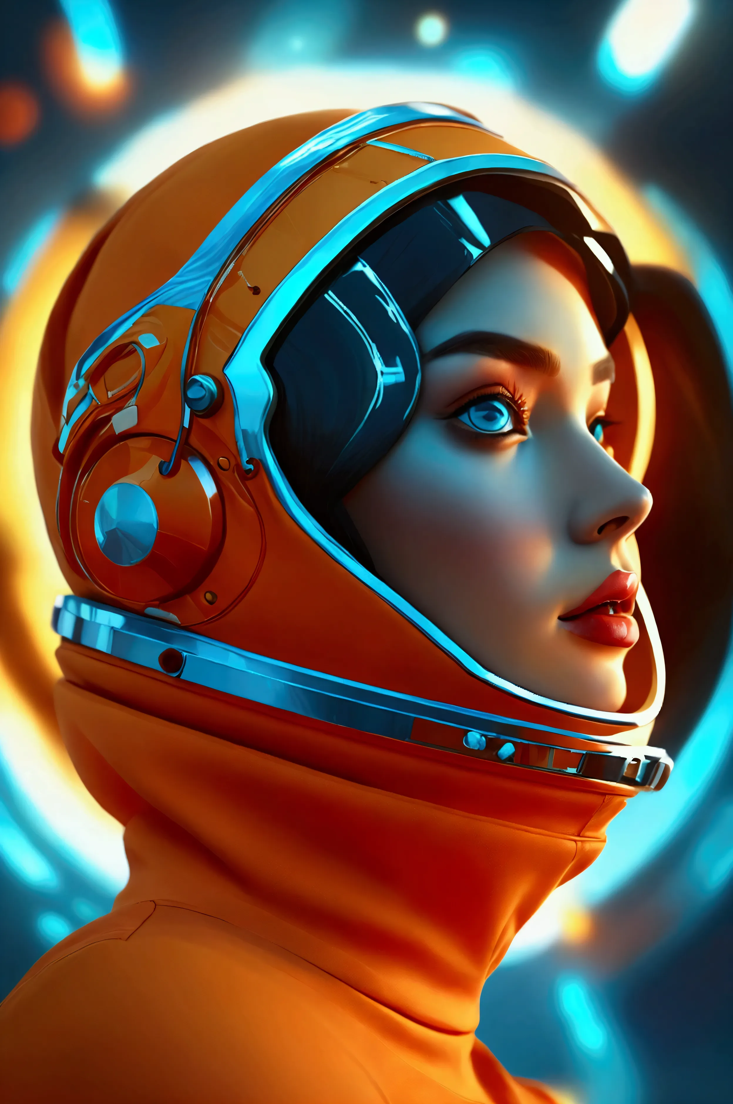 woman 2 beautiful astronaut 1950 , deep blue eyes, orange clothing with metallic white details, cinematographic, photoshoot, hal...