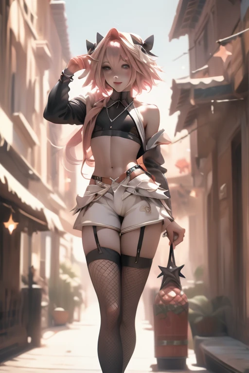 masterpiece、Highest quality、astolfo, Beautiful and slim perfect body, rasgos muy females, cuerpo female sexy muy delgado, flat chest, Pectorals, not breasts, very innocent smile, Girl, bright pink hair, spiky hair, short hair, a long braid, lock of white hair on left side, almost non-existent shorts, top that barely goes up the chest, off shoulder top, long fishnet stockings, female, small bulge in shorts, not penis, Eating an ice-cream, walking down the street、Full body painting、 girl、Ultra-detailed illustrations、Perfect body、Perfect Style、Slender beauty、tall beautiful femboy、A cheerful smile、extremely cute and beautiful femboy、femboy、Poses provoking men、Heavy breathing、Expressions of rutting、Very delicate and beautiful face and eyes、Detailed and sophisticated eyes、Beautiful Eyes、Beautiful Hair、Beautiful messy pink short hair、alone, 1femboy in、Dynamic Angle、Full Shot、Wide Shota Star Piece, Highest quality, ,Tube top、Navel costume、hot pants、Shorts、garter belt、Flight jacket、、Knee-high socks、Knee-high boots、 Long sleeve、Narrow waist、Short、Big Ass、Accentuated buttocks、Thin legs、