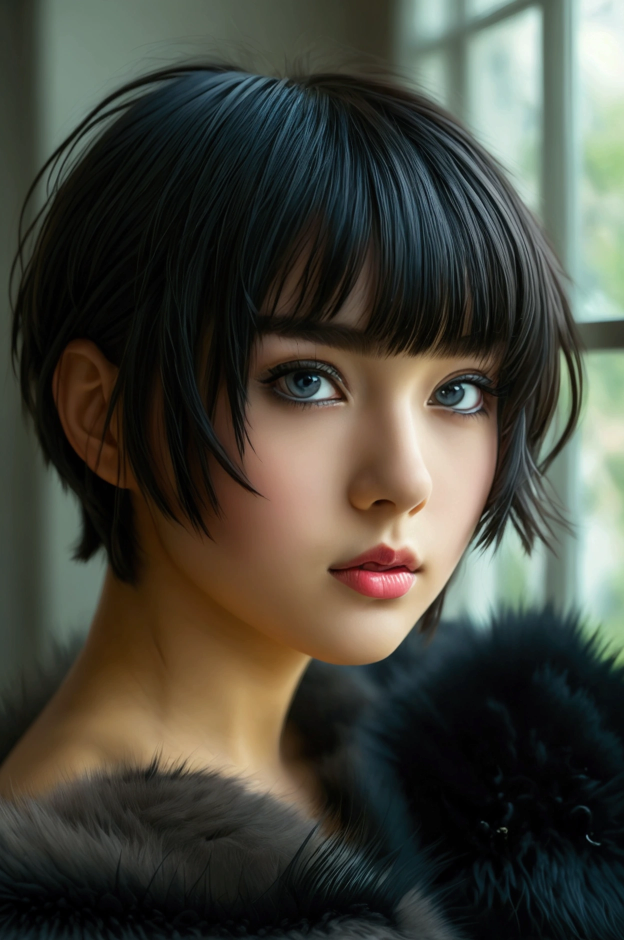 High resolution, masterpiece, Ruka Sarashina, short hair, black fur, (Alone), 1 girl, Beautiful, interior, detailed eyes, (black eyes)