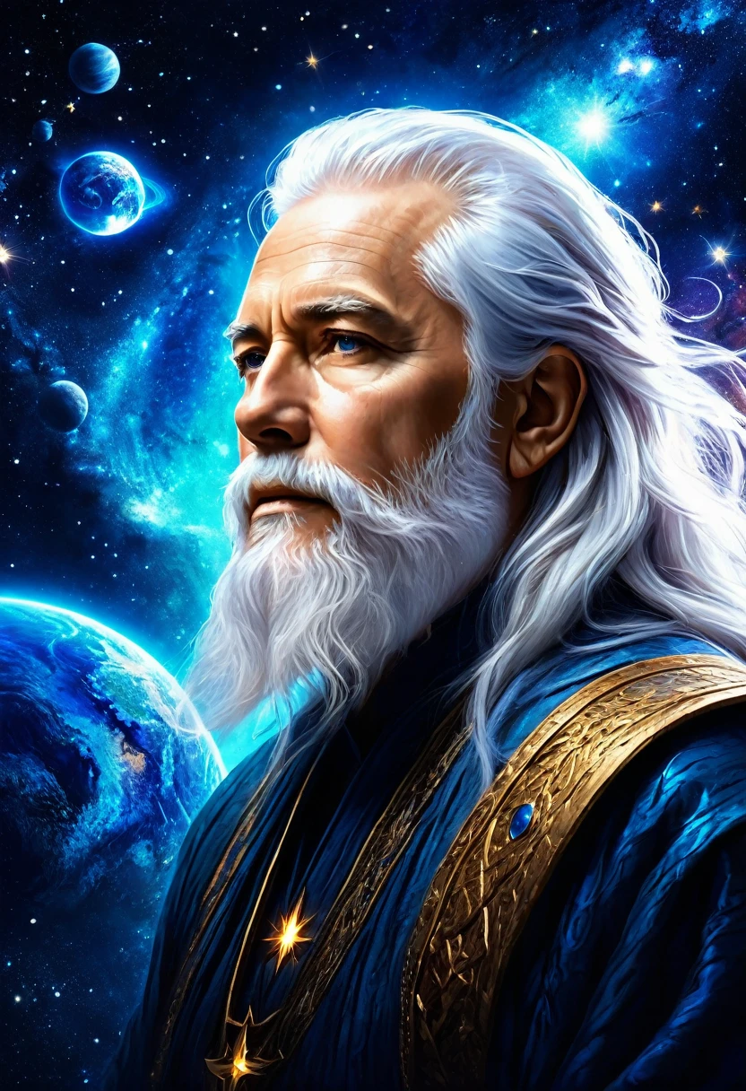 An elderly man with long white hair and beard, who appears to be God-like, gazing upon a vibrant, blue-tinted Earth. The man's face is serene, with a single tear rolling down one cheek. In the background, there's a cosmic space filled with stars, planets, and a few spacecrafts. Hans Darias AI. The Earth itself is depicted from space, with continents and oceans clearly visible. The overall mood of the image is contemplative and majestic.