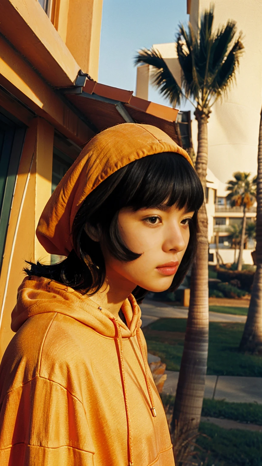 (medium cinematic shot portrait),Best Quality,Masterpiece,Ultra High Resolution,(Realisticity:1.4),Original Photo, 1Girl, light leak,wear (orange oversize hoodie),black bob hairstyles,background (80's mondrian architecture colourful motel),palm trees,sunny,summer, loooking of the camera, casual photo, los Angles vibes,(from below:1.2), (realistic:1.1), (surreal:1.2), (very detailed:1.1) 