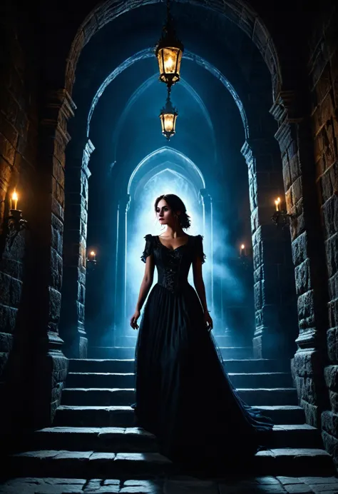 a hauntingly beautiful cinematic image of emily, a gothic heroine, slowly descending a grand, dimly lit staircase. she clutches ...