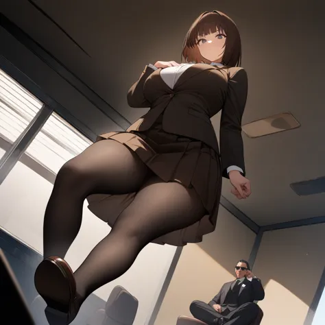 1girl,brown hair,hime_cut ,black eyes,brown school uniform,,looking at viewer,from below,full body,1man,40years old,black suit,s...