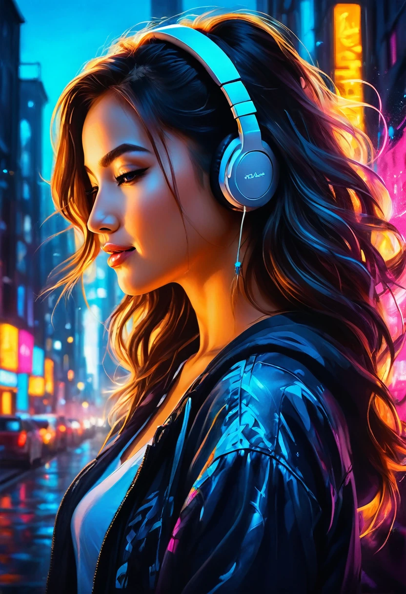 A mesmerizing oil painting by the talented artist Jinxit, featuring a mysterious woman with long hair, wearing a cool and simple outfit. She has earphones connected to her smartphone, which she holds in her hand, immersed in music. Her head is tilted down, and she smiles subtly as she gazes intently into her own depths. Amidst the bustling cityscape at night, this woman exudes confidence and control. The painting expertly combines various artistic styles, including photo, illustration, 3D render, typography, cinematic, poster, painting, fashion, architecture, portrait photography, dark fantasy, vibrant, and graffiti. The harmonious result is an enchanting and awe-inspiring work of art that captivates the viewer., typography, illustration, poster, cinematic, fashion, vibrant, architecture, 3d render, graffiti, portrait photography, photo, painting, dark fantasy