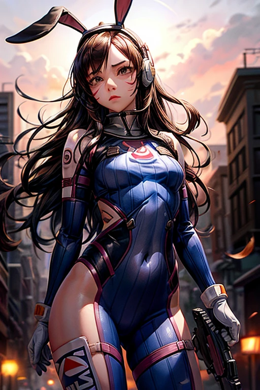 1 girl, (d.and (Overwatch):0.8), alone, long hair, Beard markings, tights, brown hair, facial mark, mitt, chest, brown eyes, pilot suit, cowboy shot, earphone, white gloves, 중간 chest, sweeping forehead, skin is tight, Animal Print, forehead, Rabbit print, Golji One Piece Stockings, face painting, pink lips, With my back against the wall, holding a gun, serious expression, Suspicious,  consideration, investigation, dark Alley, night, night sky, Red light, (silhouette, hard light:1.2),