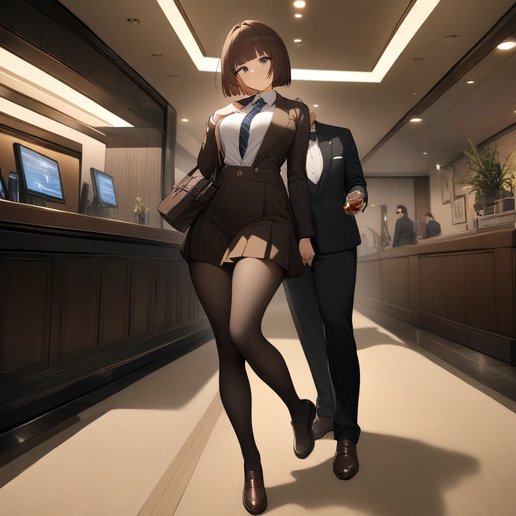 1girl,brown hair,hime_cut ,black eyes,small breasts,brown school uniform,looking at viewer,full body,1man,40years old,black suit,sunglasses,gentleman,masterpiece, best quality, very aesthetic, absurdres,indoor