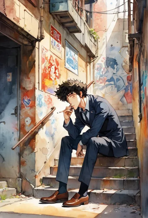 anime-style watercolor portrait of a man,a man sits on a steep staircase smoking a cigarette with his eyes closed.men are spike ...