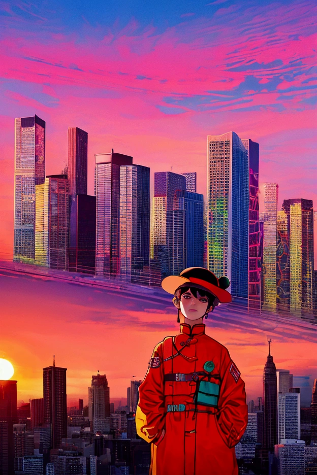 Album Artwork of an urban landscape featuring a psychedlic sunset with VIBRANT COLORS AND a boy of 20 years in the center swearing urban clothes and a chinesse douli hat without revealing his face.