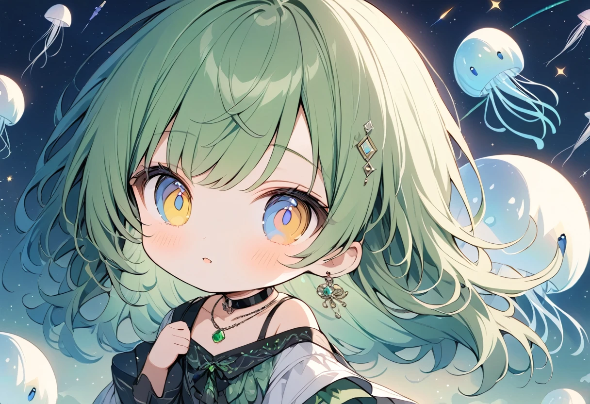 (((anime))) 1人のwoman,chibi,Gal,long hair,(Green Hair),Oblique bangs Piercings,necklace,(Jade Gemstones),Collar with jewels,Gemstone light reflection cool,Look this way,Heterochromia iridis,Blue eyes,(Yellow Eyes),Big pupils One-shoulder dress,Volume sleeve,(black),Hisui's writing,Green Night,Backlight,masterpiece,Highest quality,Exquisite,8k,Absurd,Ultra-fine illustrations,(View your viewers),Milky Way, rocket, jellyfish, shooting star, Cute art. chibi character,look up,woman. Digital Art. Pleasant tranquility, more
