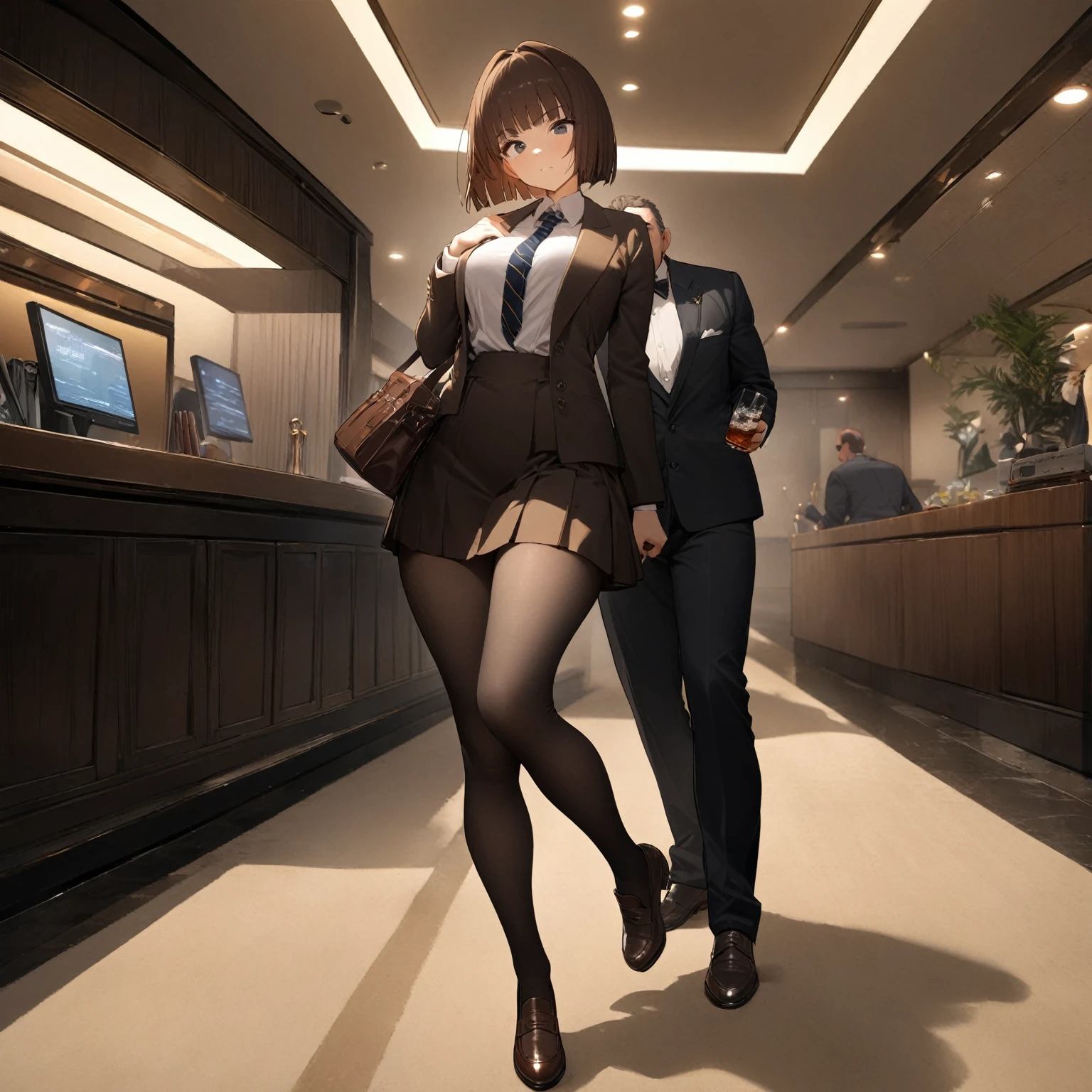 1girl,brown hair,hime_cut ,black eyes,small breasts,brown school uniform,looking at viewer,full body,1man,40years old,black suit,sunglasses,gentleman,masterpiece, best quality, very aesthetic, absurdres,indoor