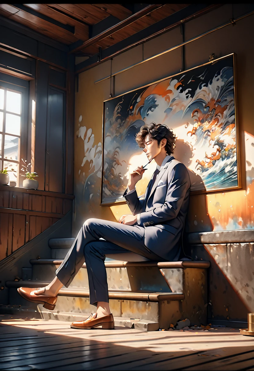 Anime-style Watercolor portrait of a man,A man sits on a steep staircase smoking a cigarette with his eyes closed.Men are Spike Spiegel,brown eyes, smile,black hair,1boy,Navy blue suit, brown leather shoes,The man holds the cigarette between his fingers and puts it in his mouth.Steep stairs with long rusty handrails,Right next to the stairs is the wall of an old building.There are many old posters and English graffiti on the walls.The exact position and shape of your feet when sitting on the stairs, Anatomical seating style of the feet,Full body portrait,Side view,Watercolor blur effect,Professional watercolor illustrations,High quality, high precision image, ( masterpiece, best quality, 4k, 8k: 1.5) . Ultra detail, ultra fine painting, cinematic lighting, physically based rendering,Professional photo resolution, award-winning,