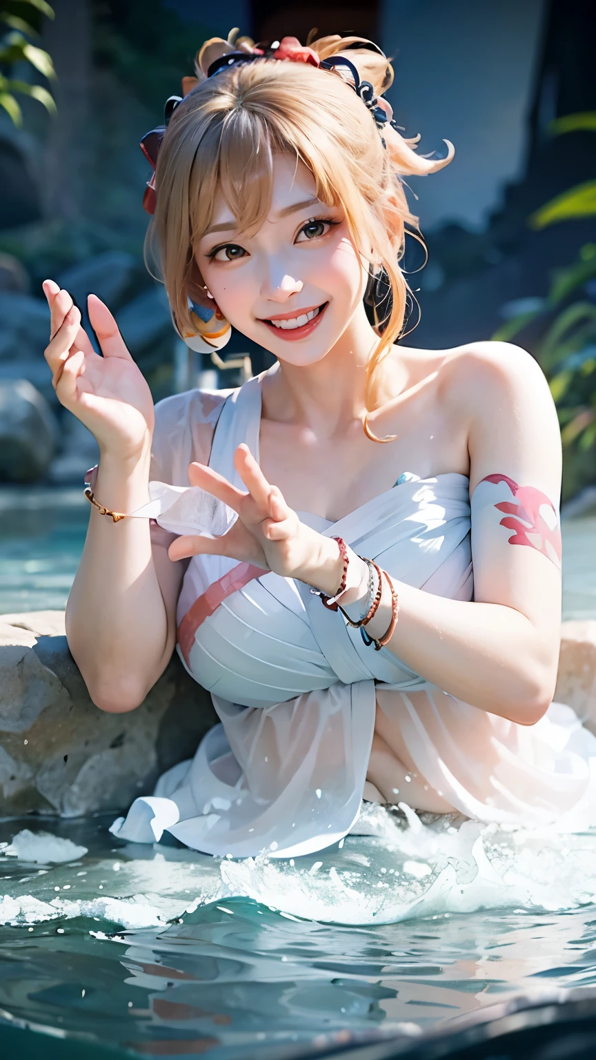 Robe of raging currents, Water Maiden, Water whirlpool bracelet, Look at the viewer, In the aquarium, Smiling, Leaning forward, Pink and light blue color scheme, Transparent eyes