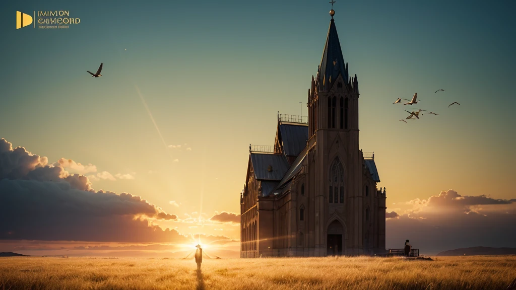 Create a cover image for a YouTube channel called "Praise and Worship." In the background, a horizon at dawn, with the sun slowly rising and illuminating a vast green field. In the center of the image, a large open Bible with pages that appear to be being turned by the gentle wind, emanating a golden light. Around the bible, golden musical notes float through the air, connecting to musical instruments such as guitar, piano and harp positioned subtly in the corners of the image. At the top, the title "Praise and Worship" in gold cursive letters, with a light shadow to highlight. Silhouettes of birds flying towards the sky add a touch of freedom and peace.