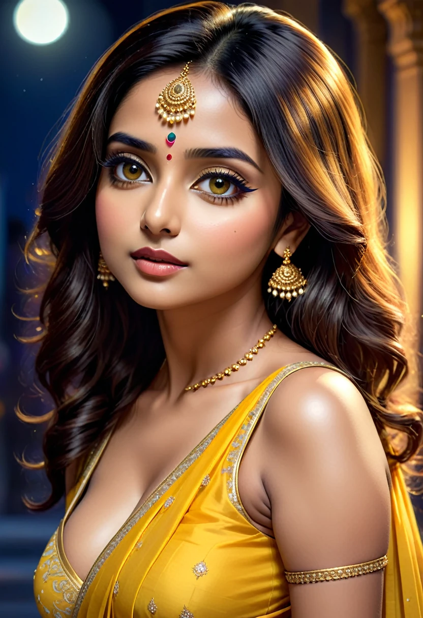 a beautiful indian woman in a simple yellow saree with white border, sleeveless, seductive side pose,big breasts, night bluish ambience, digital illustration, hyper detailed, cinematic lighting, 8k, realistic, photorealistic, masterpiece, intricate details, porcelain skin, long eyelashes, plump lips, extremely detailed eyes and face, elegant, graceful, alluring