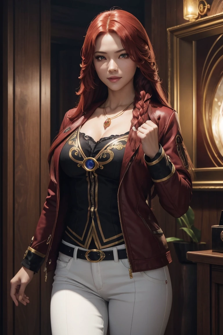 I want to be a powerful figure behind the scenes！,Iris Midgar,Red hair,long hair,Outside flip,with a single braid on one side only,Red eyes,Red Eyes,Beautiful white skin,Black and gold jacket,Black shirt,White long pants,Sapphire necklace,Photorealistic,Ultra HD,high quality,masterpiece,Digital SLR,Detailed details,Intricate details,Anatomical basis,Depicted in detail,A detailed face,Realistic skin texture,Vivid details,Perfect Anatomy,Perfect Anatomy,Anatomically correct hand,Anatomically correct fingers,Super Detail,Complex 3D rendering,The worldview of a fantasy with sexy poses,In the great outdoors,Petals of roses dance,Picturesque,Pink Lips,smile,