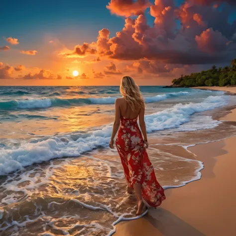 a beautiful tropical island, warm sunset, red clouds, golden reflexions on the sea, waves breaking on a reef, a small blue moon ...