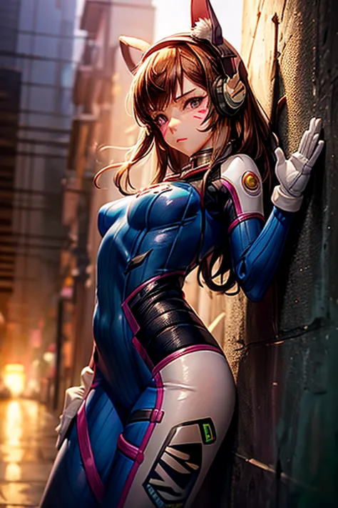 1girll, (d.va (overwatch):0.8), solo, long hair, whisker markings, tightsuit, brown hair, face markings, mitts, breasts, brown e...