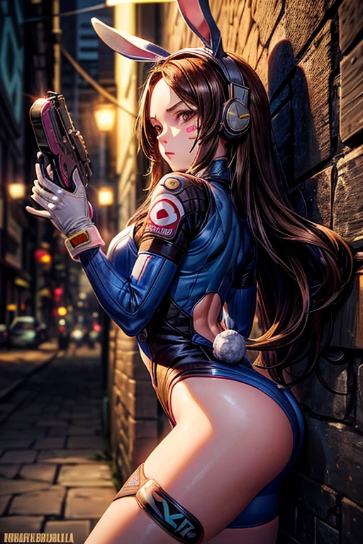 1 girl, (d.and (Overwatch):0.8), alone, long hair, Beard markings, tights, brown hair, facial mark, mitt, chest, brown eyes, pilot suit, cowboy shot, earphone, white gloves, breast, sweeping forehead, skin is tight, Animal Print, forehead, Rabbit print, Golji One Piece Stockings, face painting, pink lips, With my back against the wall, holding a gun, serious expression, Suspicious, consideration, investigation, dark Alley, night, night sky, Red light, (silhouette, hard light:1.2), fighting background