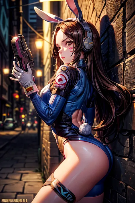 1 girl, (d.and (overwatch):0.8), alone, long hair, beard markings, tights, brown hair, facial mark, mitt, chest, brown eyes, pil...