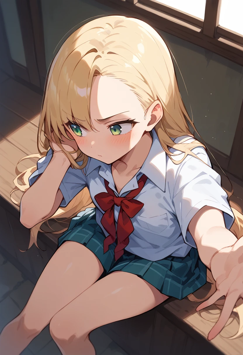 masterpiece, (score_9,score_8_up,score_7_up,score_6_up), 1 girl, green eyes, little sassy, skinny, tsurime, asymmetrical bangs, long hair, (blond hair:1.3), ruffling hair(1.8),pout, (school uniform), (white collared shirt, plain pattern shirt, short sleeves, shirt tucked in:1), (red plain pattern narrow neck ribbon:1.1), bare feet, thigh, teeth, blush, sulking, look away, from above,Sit with your legs outstretched, playing with own hair