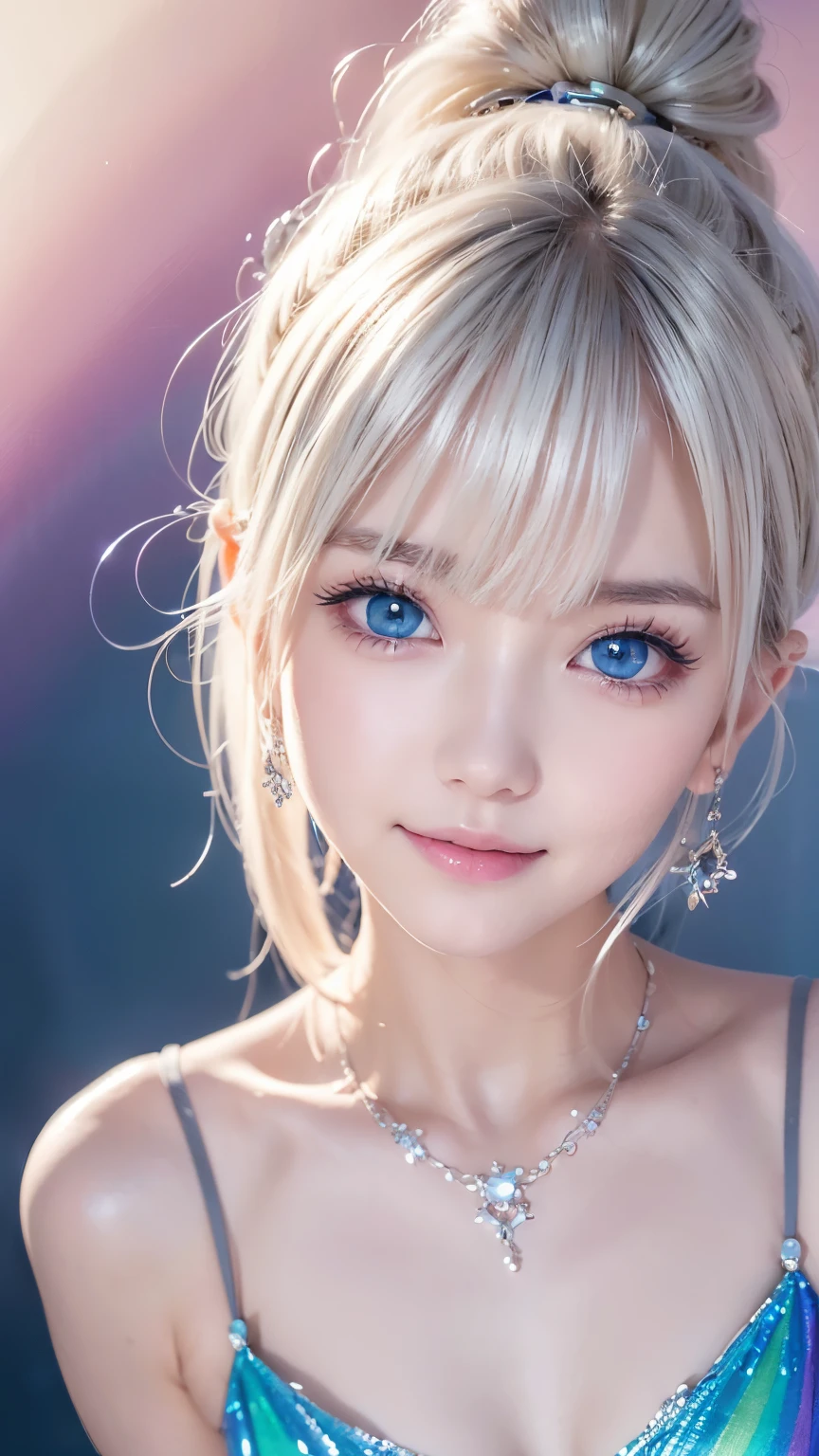 ((A rare beautiful girl))、Scandinavian actress、blue eyes、((Detailed face))、Platinum Blonde、 Silky Hair、Straight hair、ponytail、masterpiece、Bangs between the eyes、Hair above the eyes、片Hair above the eyes-顔の髪、Water Fairy、Blonde reflection、眩しいハイライトが入ったPlatinum Blondeの髪、bright and shiny hair,、One small necklace、Small earrings、The body is slim、Small breasts、Narrow waist、Small hips、Slim legs、はにかんだsmile、Long Hair、((Attractive pose))、Natural Makeup、Pink Eyeshadow、Attractive big eyes、((blue eyes))、so beautiful, ((Adorable and cute))、((Perfectly white skin texture))、Long eyelashes, teeth, Multicolor, inner hair color, Hair Clip, Mole under the eye, Unfriendly students, Hollow Eyes, Hollow Eyes, Pupils dilate, Heart-shaped pupils, smile, Shadow, Anaglyph, Written boundary depth, Motion Blur, Luminance, Color Field Painting, Anime Style, 8k, Super Detail, Highest quality, Ultra-high resolution, 8k、blur background、((Background rainbow gradient))