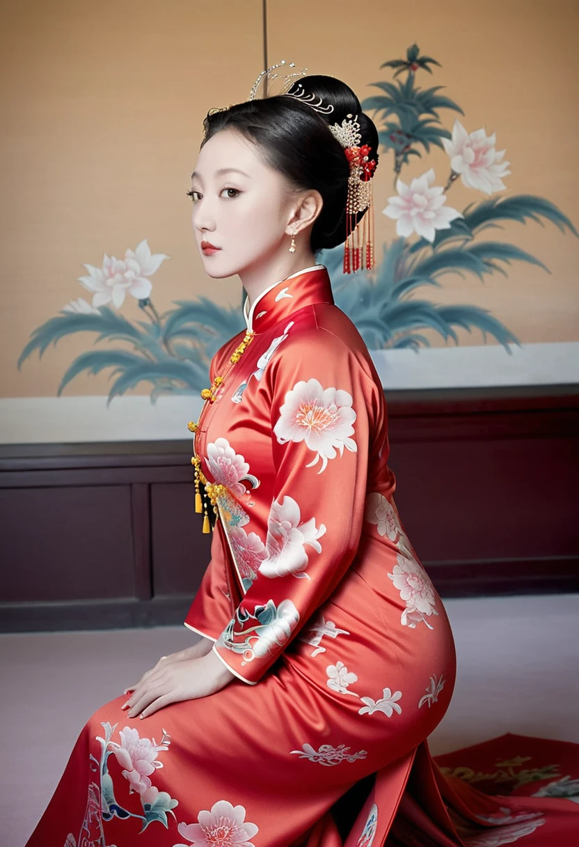 The empress of the Qing Dynasty is wearing a red floral patterned dress, completely naked, with her profile showing and her buttocks sticking out, posing in the luxurious palace of the empress of the Qing Dynasty.