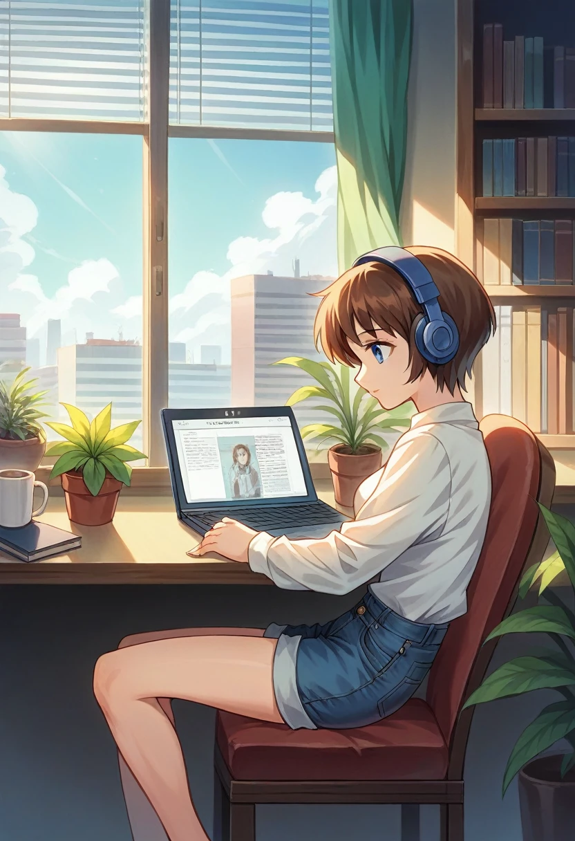 alone, lofi artstyle, lofi art, city, town, 80s anime style, Retro, Lo-Fi, masterpiece, best quality, (extremely detailed CG unity 8k wallpaper), (best quality), (best illustration), (best shadow), absurdres, realistic lighting, (Abyss), beautiful detailed reglow, 1girl, blinds, blue eyes, book, bookshelf, brown hair, chair, cloud, computer, cup, day, denim, desk, headphones, indoors, laptop, long sleeves, mug, phone, plant, potted plant, shirt, short hair, shorts, sitting, sky, solo, white shirt, window