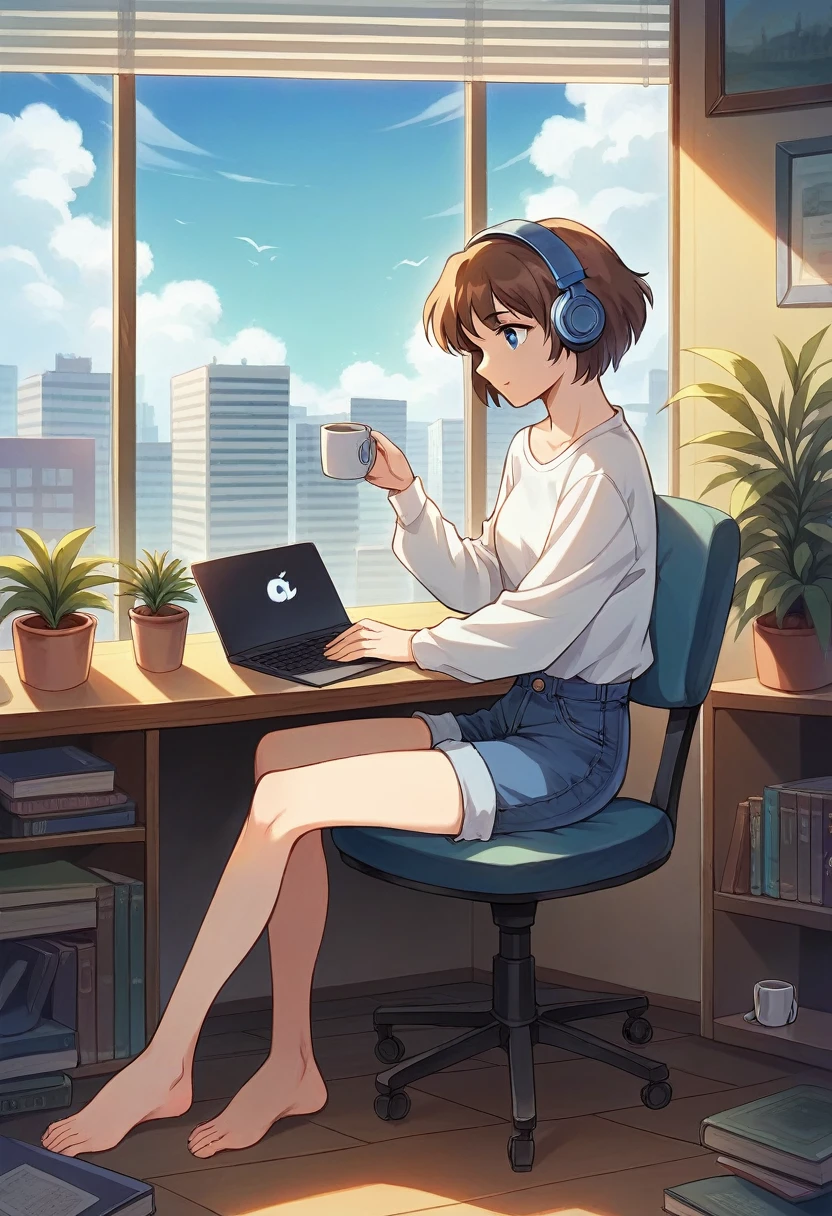 alone, lofi artstyle, lofi art, city, town, 80s anime style, Retro, Lo-Fi, masterpiece, best quality, (extremely detailed CG unity 8k wallpaper), (best quality), (best illustration), (best shadow), absurdres, realistic lighting, (Abyss), beautiful detailed reglow, 1girl, blinds, blue eyes, book, bookshelf, brown hair, chair, cloud, computer, cup, day, denim, desk, headphones, indoors, laptop, long sleeves, mug, phone, plant, potted plant, shirt, short hair, shorts, sitting, sky, solo, white shirt, window