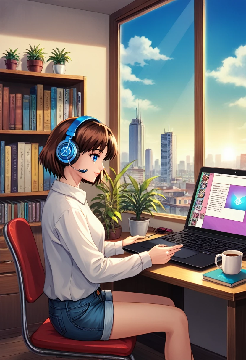 alone, lofi artstyle, lofi art, city, town, 80s anime style, Retro, Lo-Fi, masterpiece, best quality, (extremely detailed CG unity 8k wallpaper), (best quality), (best illustration), (best shadow), absurdres, realistic lighting, (Abyss), beautiful detailed reglow, 1girl, blinds, blue eyes, book, bookshelf, brown hair, chair, cloud, computer, cup, day, denim, desk, headphones, indoors, laptop, long sleeves, mug, phone, plant, potted plant, shirt, short hair, shorts, sitting, sky, solo, white shirt, window