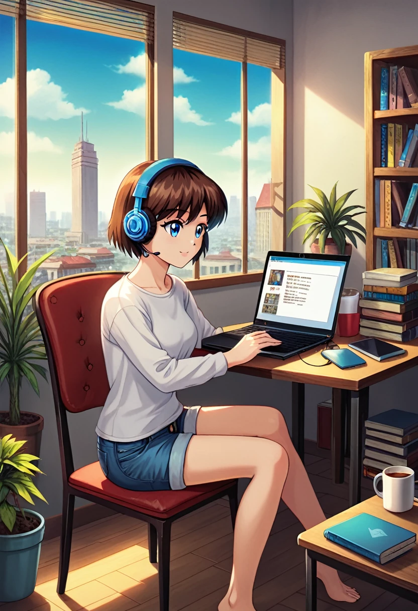 alone, lofi artstyle, lofi art, city, town, 80s anime style, Retro, Lo-Fi, masterpiece, best quality, (extremely detailed CG unity 8k wallpaper), (best quality), (best illustration), (best shadow), absurdres, realistic lighting, (Abyss), beautiful detailed reglow, 1girl, blinds, blue eyes, book, bookshelf, brown hair, chair, cloud, computer, cup, day, denim, desk, headphones, indoors, laptop, long sleeves, mug, phone, plant, potted plant, shirt, short hair, shorts, sitting, sky, solo, white shirt, window