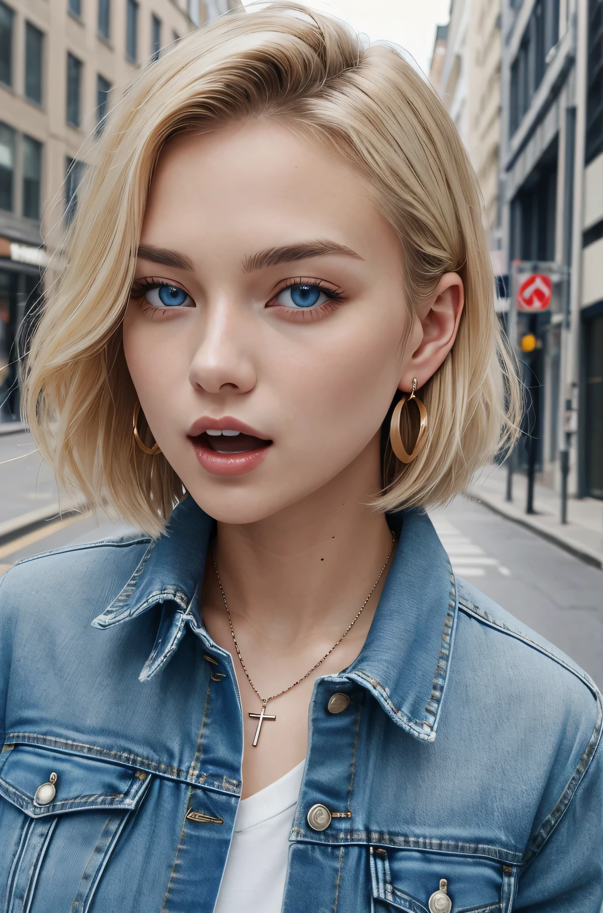 Pure white beauty、Neat and clean Caucasian woman、Blonde Hair、blue eyes、Short Haircut、、Denim jacket、shirt、Open your mouth a little、View your audience, Earrings, necklace, _background,City Streets Task in progress
