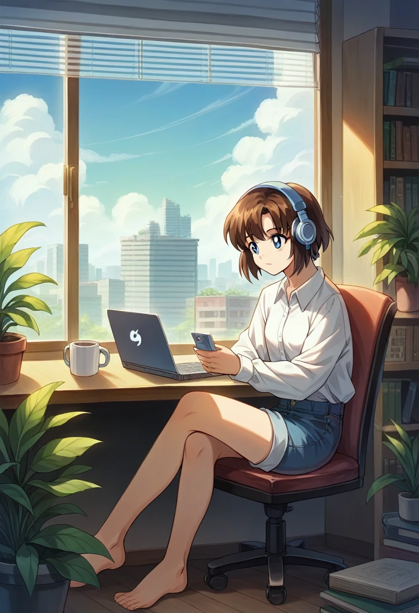 alone, lofi artstyle, lofi art, city, town, 80s anime style, Retro, Lo-Fi, masterpiece, best quality, (extremely detailed CG unity 8k wallpaper), (best quality), (best illustration), (best shadow), absurdres, realistic lighting, (Abyss), beautiful detailed reglow, 1girl, blinds, blue eyes, book, bookshelf, brown hair, chair, cloud, computer, cup, day, denim, desk, headphones, indoors, laptop, long sleeves, mug, phone, plant, potted plant, shirt, short hair, shorts, sitting, sky, solo, white shirt, window