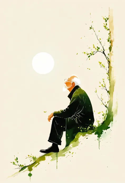 中国水墨画sketch：light ink，lowercase，sketch，artistic conception，the old man looked up at the bright light.，minimalism，(((negative spa...