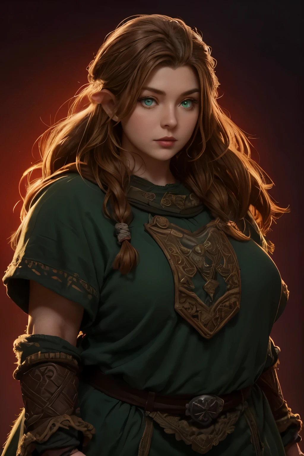 Beautiful, curvy ginger-haired ((dwarven woman)) in her 30s, with green eyes and striking features, exuding maturity and allure in a seductive pose against a dark red background. She has a (((short stature)) and a (chubby build).