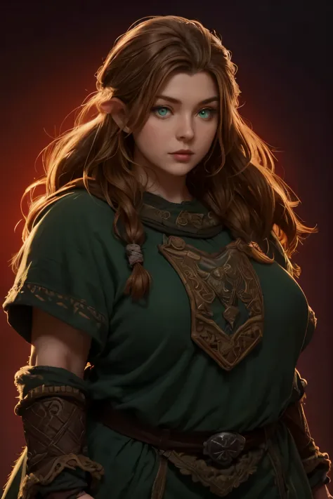 beautiful, curvy ginger-haired ((dwarven woman)) in her 30s, with green eyes and striking features, exuding maturity and allure ...