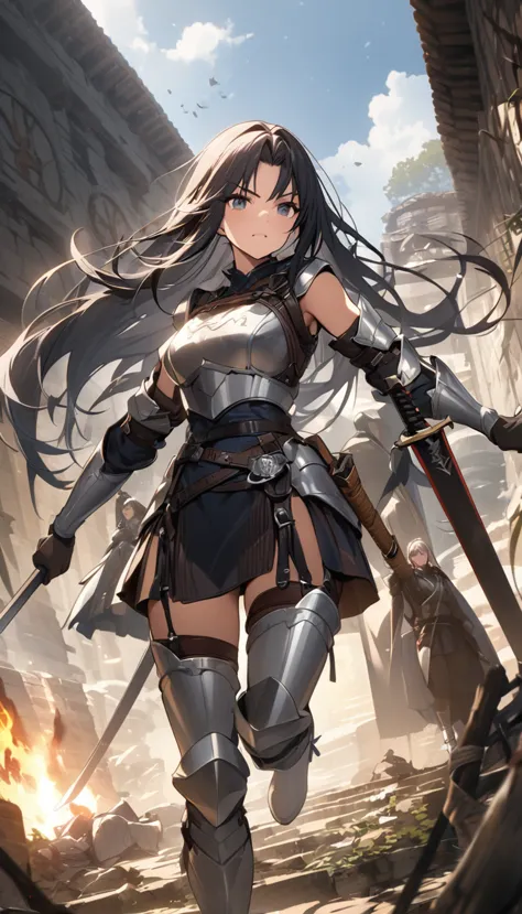 ultra-high definition image quality、beautiful girl、woman warrior、female swordsman、light armor、silver boots、long hair、knight&#39;...