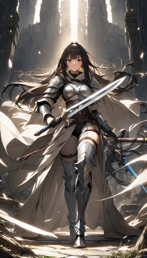 ultra-high definition image quality、beautiful girl、woman warrior、female swordsman、light armor、silver boots、long hair、knight&#39;...