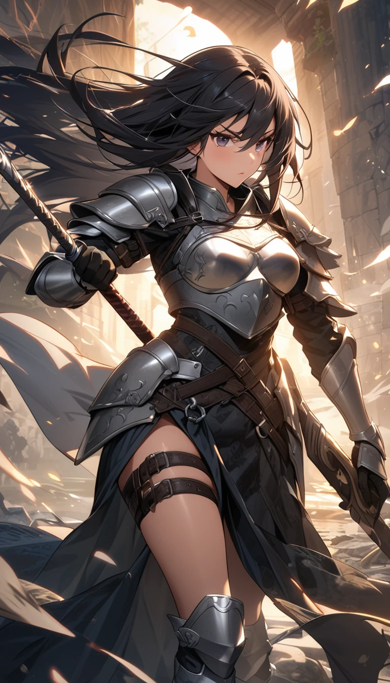 Ultra-high definition image quality、beautiful girl、Woman warrior、Female Swordsman、Light Armor、Silver boots、Long Hair、Knight&#39;s Hair Ornament、Black Hair、20-year-old、Be confident々face、Very short tight skirt、Sexy posture、wilderness、Highest quality,Big Ass、Big Breasts、Thighs、Grab the spear、Gorgeous embroidered lace panties、Joan of Arc style clothing、Her hair is fluttering in the wind、The Sword of Promised Victory、god々Wearing a bright aura、Big Ass、Crotch close-up、Angle from directly below、Squat with your legs apart