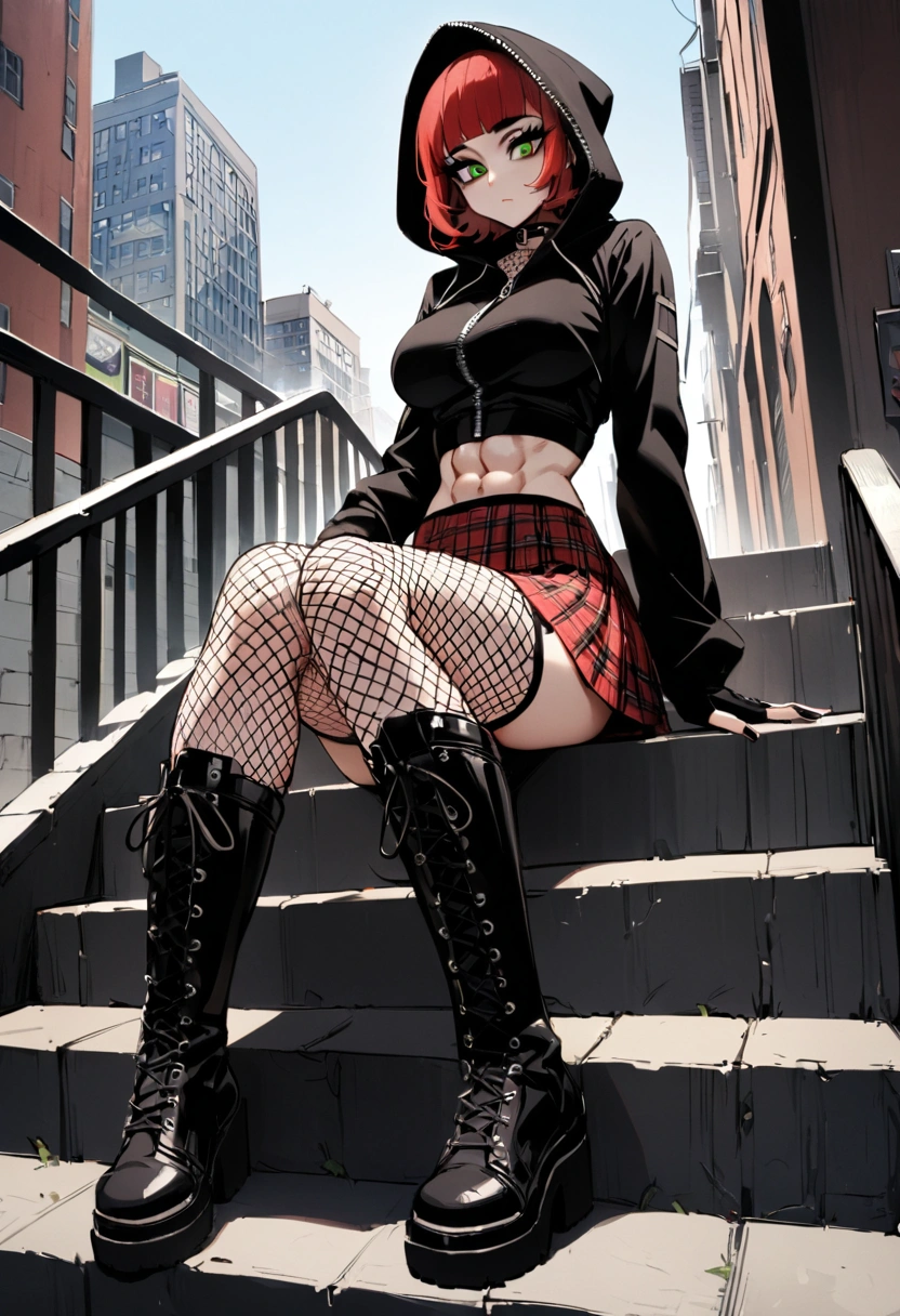 woman, stoic, curly red pixie cut hair, green eyes, black eyeshadow, wearing crop top black shirt, black oversized zip up hoodie, hood up, red plaid skirt, black knee high zipper boots, black fingerless gloves, large breasts, freckles, abs, looking down at viewer, masterpiece, best quality, Holo-Punk Style, sitting on stairs in the city, make up, eyelashes, fish net undershirt, fish net stockings, (full body)