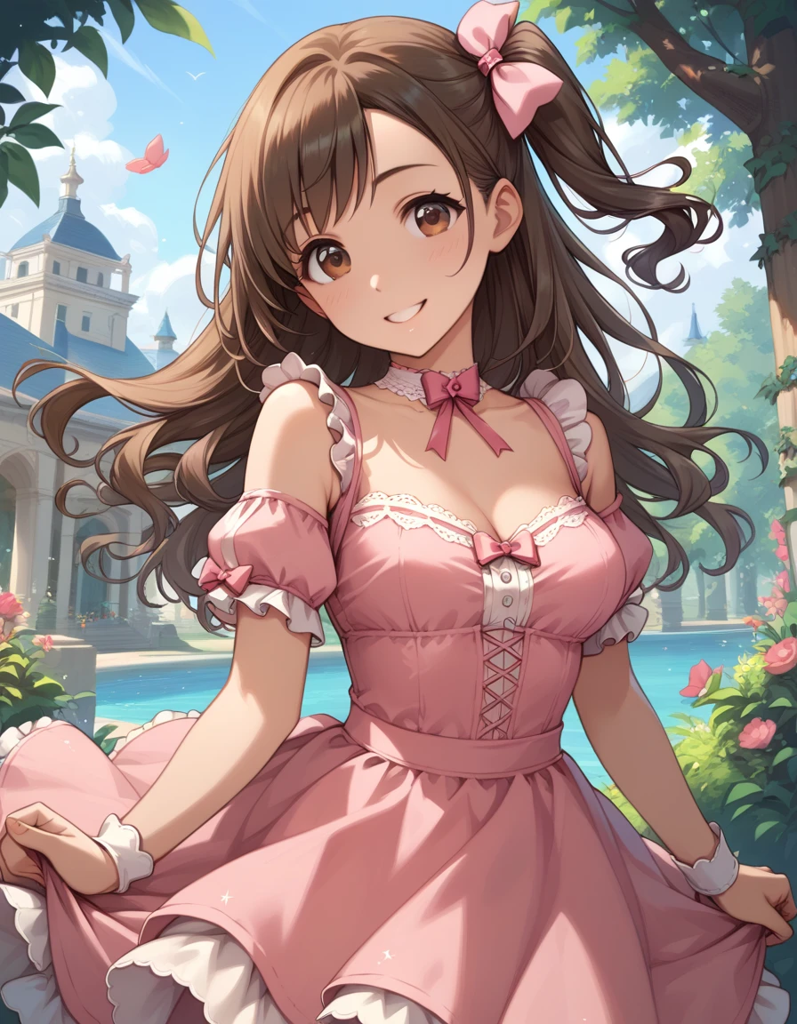 (score_8, score_8_up,masterpiece,highest quality,Perfect Anatomy,Exquisite detailed)[realistic]smmruzk,brown eyes,long hair, brown hair, one side up, hair bow, busty,pink dress,smile