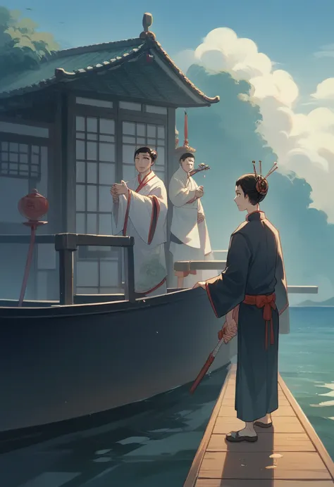 best quality，people wearing hanfu standing on the boat ，anime characters wearing hanfu, chinese, 穿着ancient china的衣服, ancient chi...