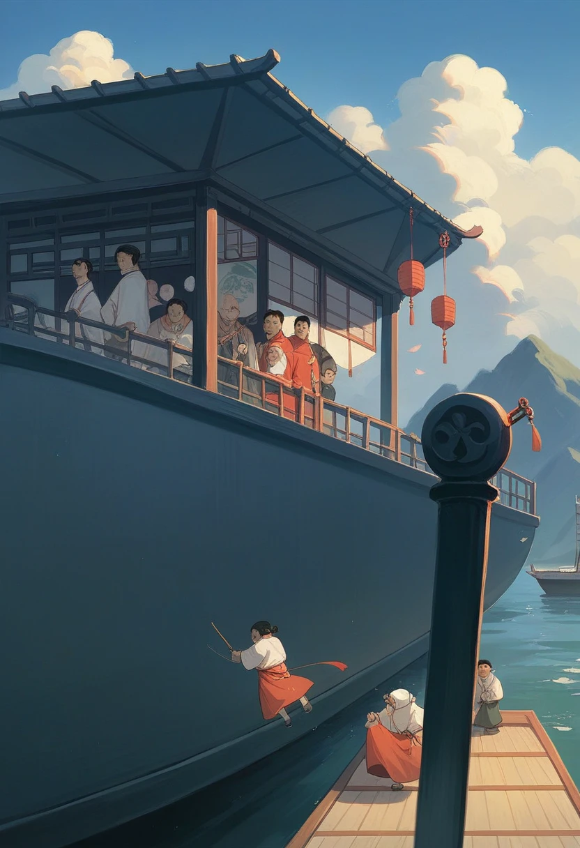 best quality，People wearing Hanfu standing on the boat ，Anime characters wearing Hanfu, Chinese, 穿着ancient China的衣服, ancient China, 身着ancient China服饰, Chinese traditional clothing, Chinese Fantasy