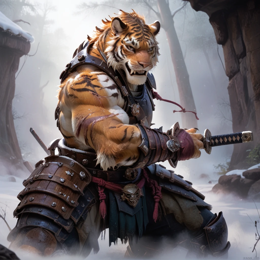 score_9, score_8_up, score_7_up, source_photo,
dynamic, close-up, anthro, male, muscular, tiger, fluffy fur, tail,
armor, (scars, claws, sharp fangs:1.2),
battoujutsu sword stance, ready to draw,
solo, volumetric lighting, realistic shadows, fog, snow, battle
